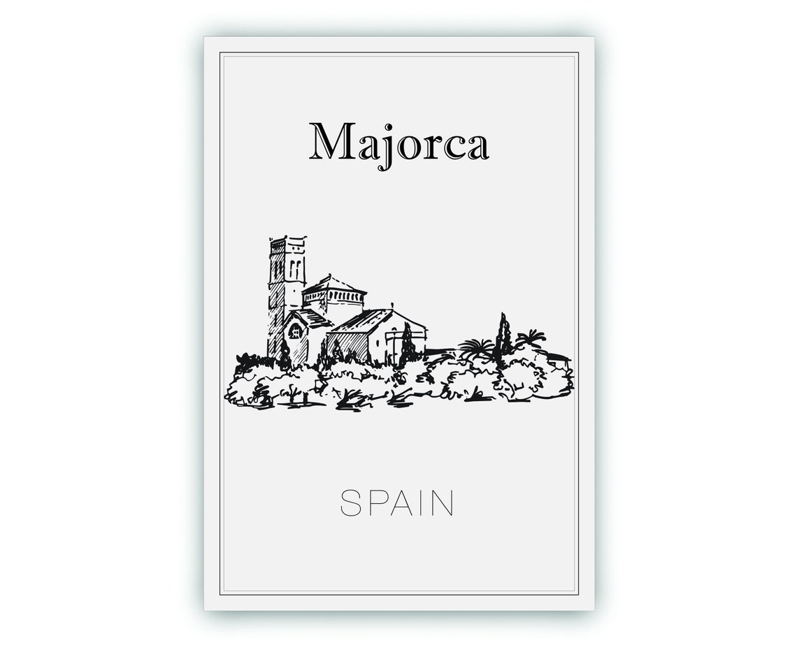 Majorca Spain Country Church Bell Tower Palms Hand Drawn Travel Poster - Image 2