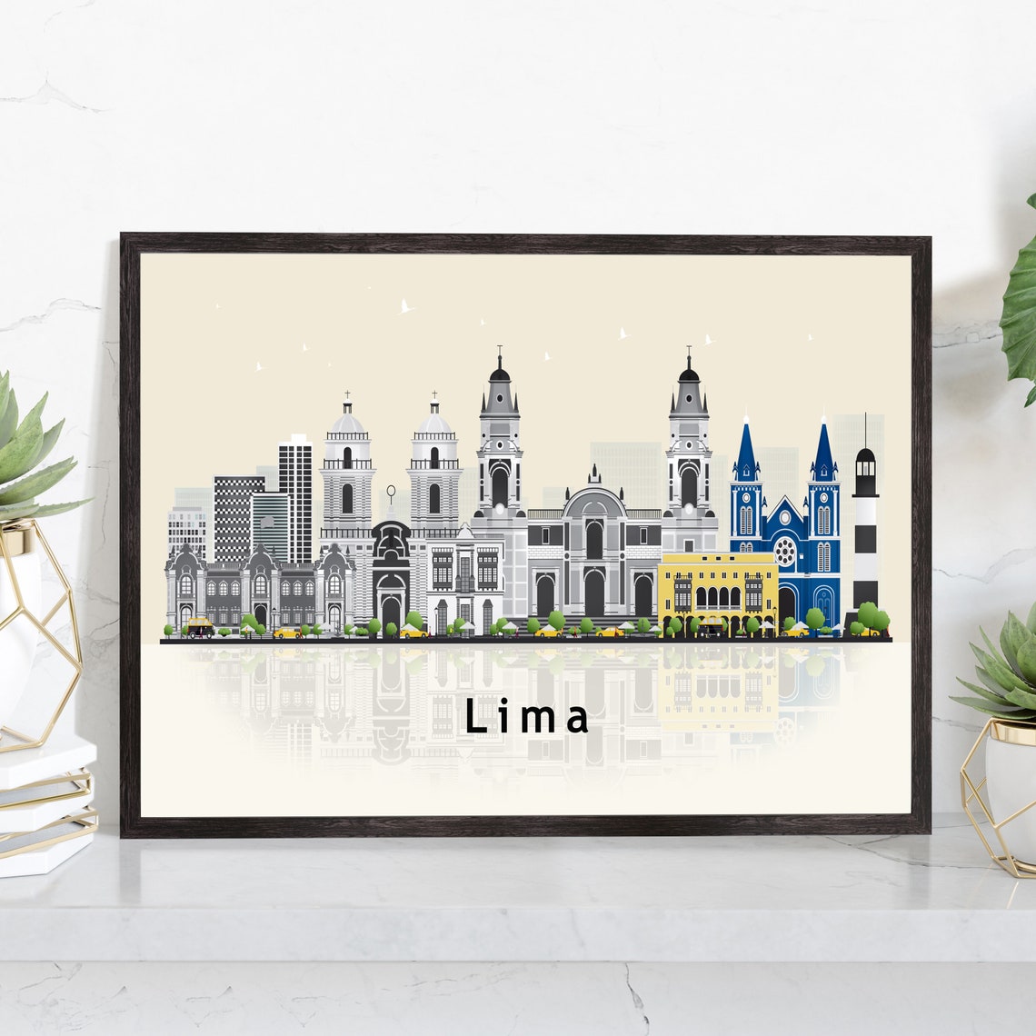 Lima Peru Blue Cathedral Spires Skyline Illustration Travel Poster