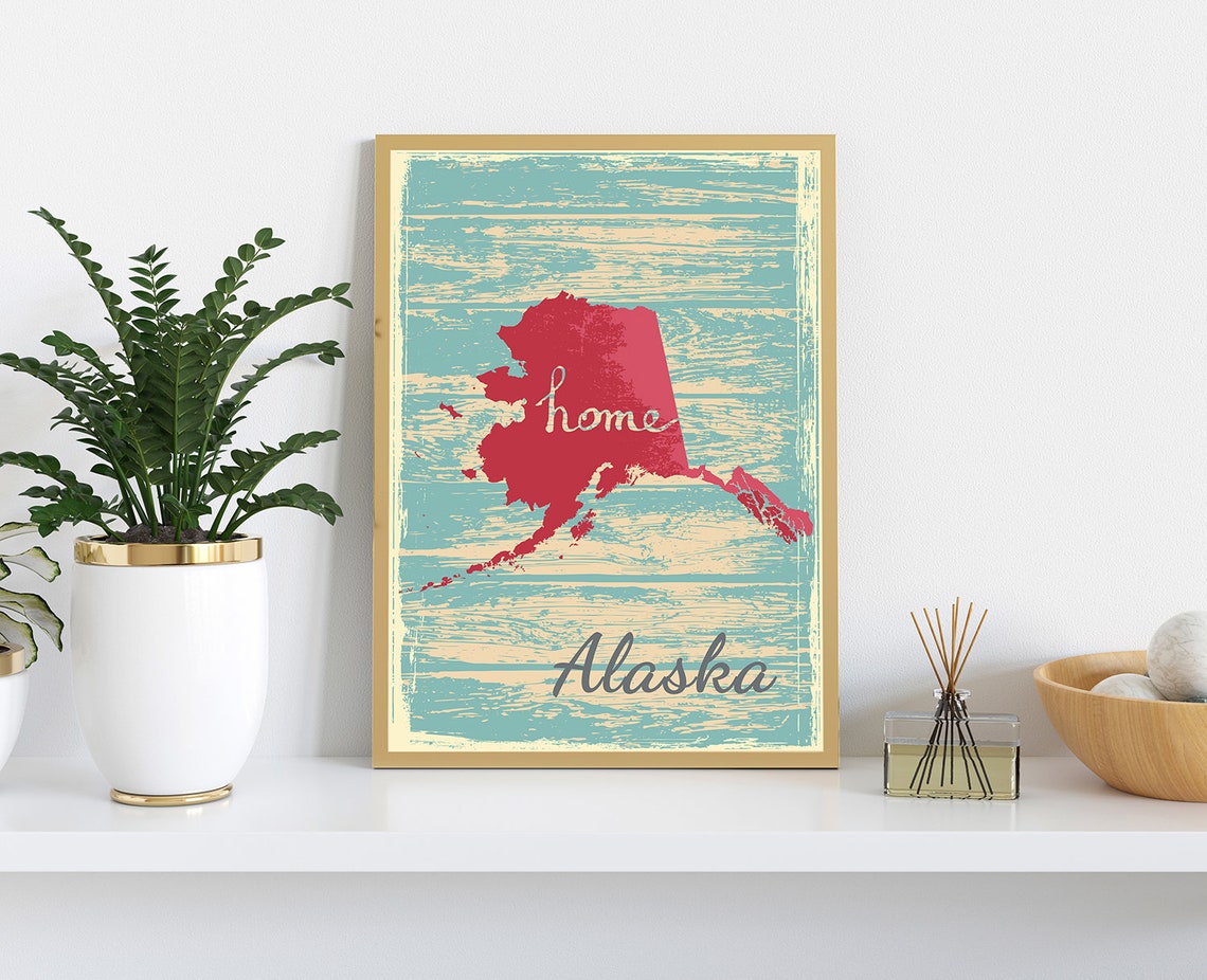 Alaska Home State Red Silhouette Vintage Distressed Teal Map Poster - Image 3