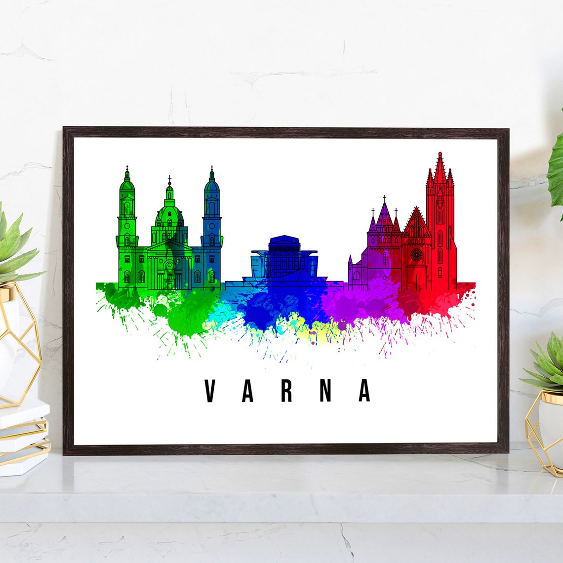 Varna Bulgaria Watercolor Skyline Rainbow Landmark Travel Wall Poster