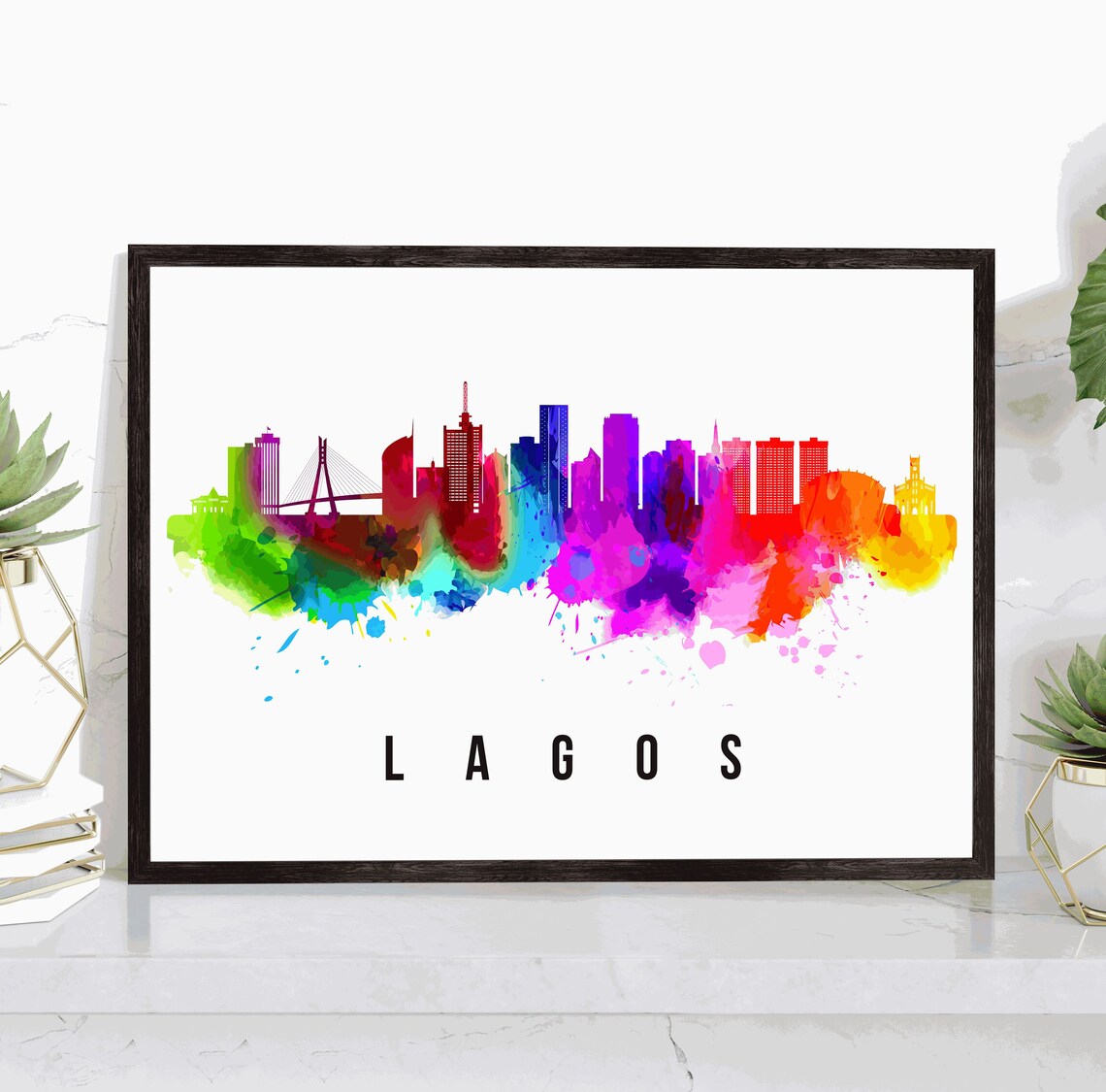 Lagos Nigeria Rainbow Watercolor Splash Skyline City Travel Poster
