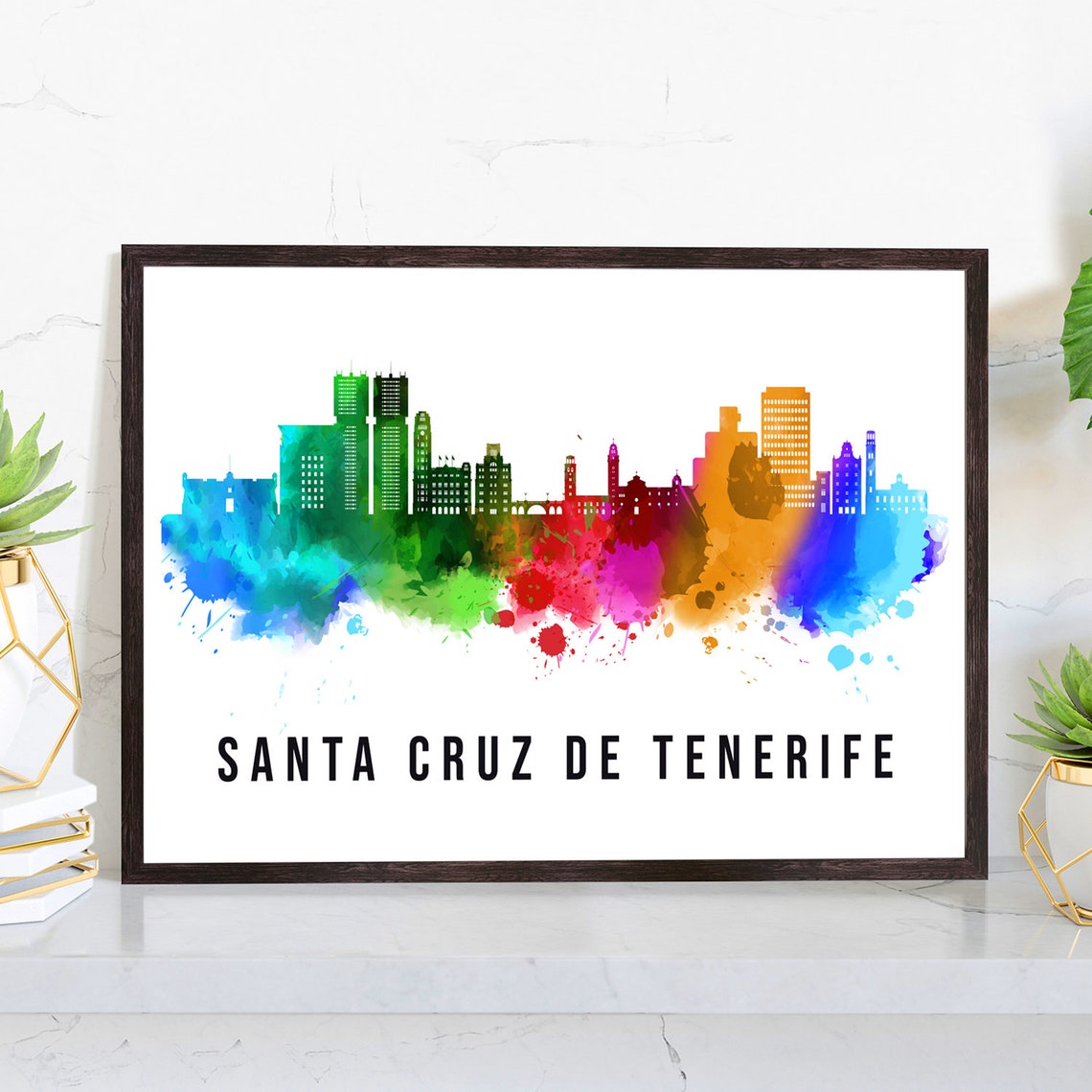 Santa Cruz De Tenerife Spain Rainbow Watercolor Skyline Poster