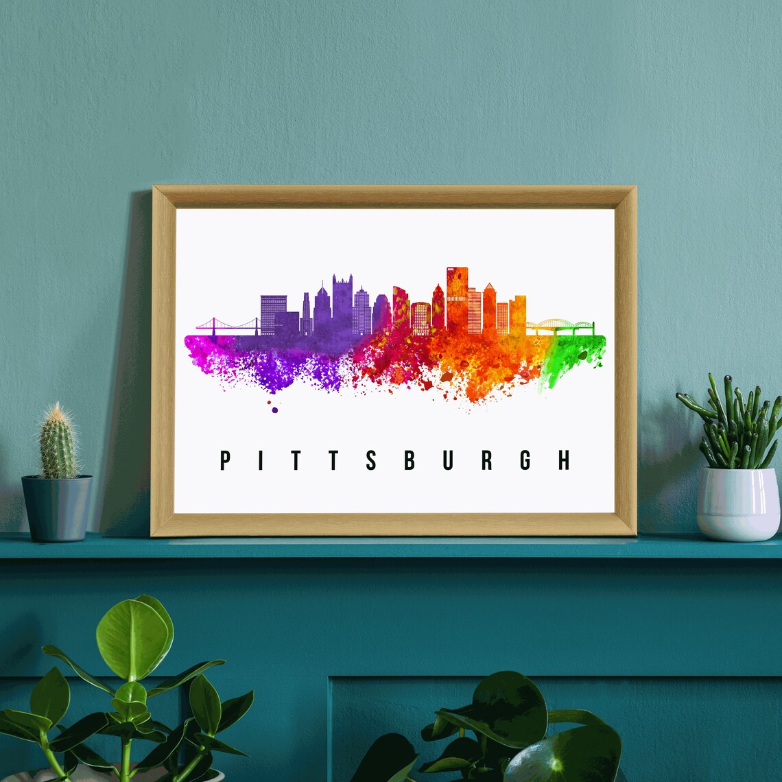 Pittsburgh Pennsylvania Colorful Watercolor Skyline Travel Poster - Image 3
