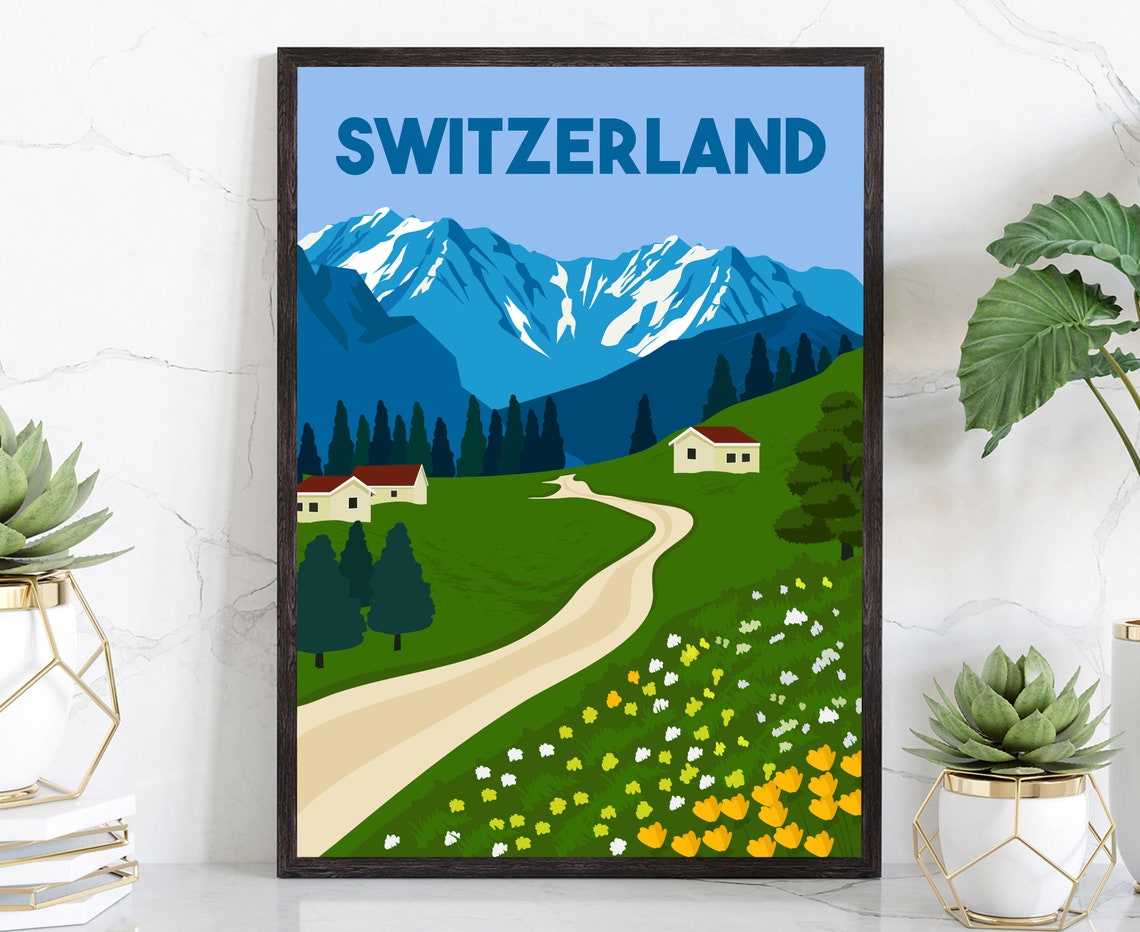 Switzerland Alpine Meadow Chalet Snowy Peaks Retro Travel Poster
