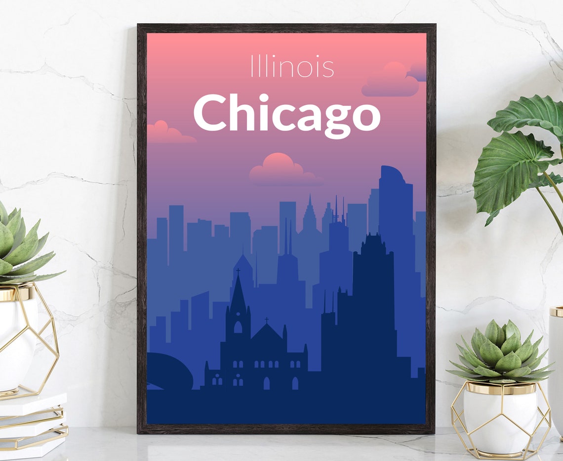 Chicago Illinois Sunset Skyline Silhouette Solid Color City Poster