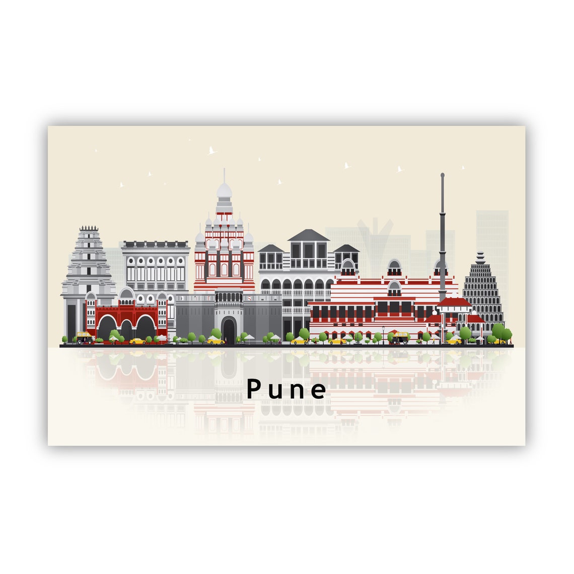Pune India Historic Architecture Skyline Reflection Travel Poster - Image 2