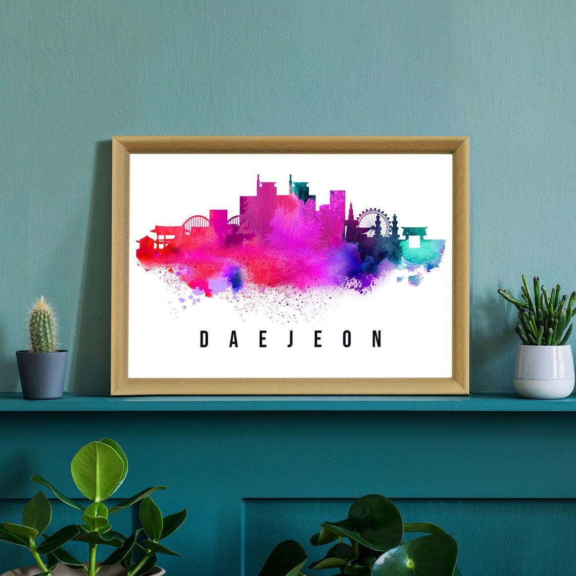 Daejeon South Korea Watercolor Magenta Skyline Cityscape Splash Poster - Image 2