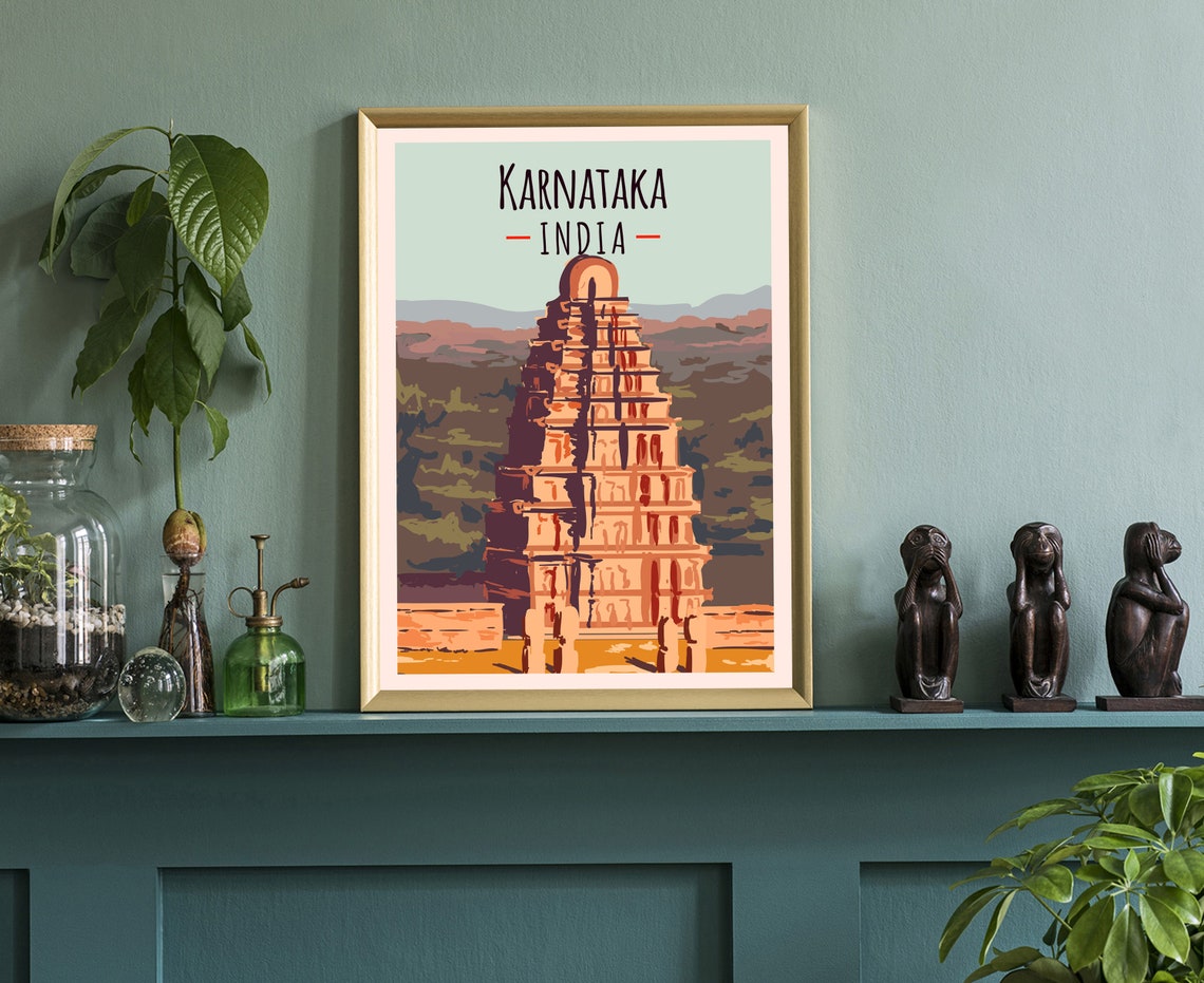 Karnataka India Ancient Temple Tower Landmark Retro Travel Poster - Image 3