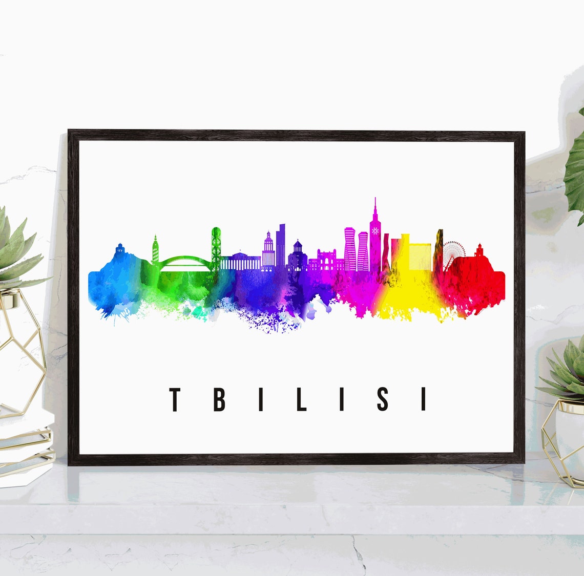 Tbilisi Georgia Rainbow Watercolor Skyline Silhouette Travel Poster