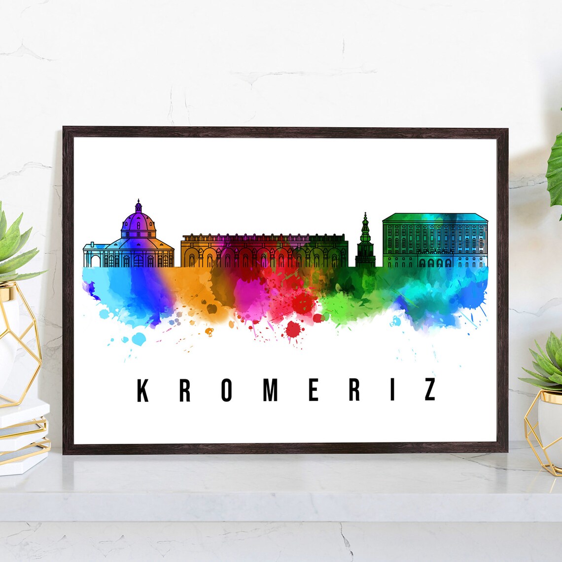 Kromeriz Czech Republic Rainbow Watercolor Skyline Art Poster