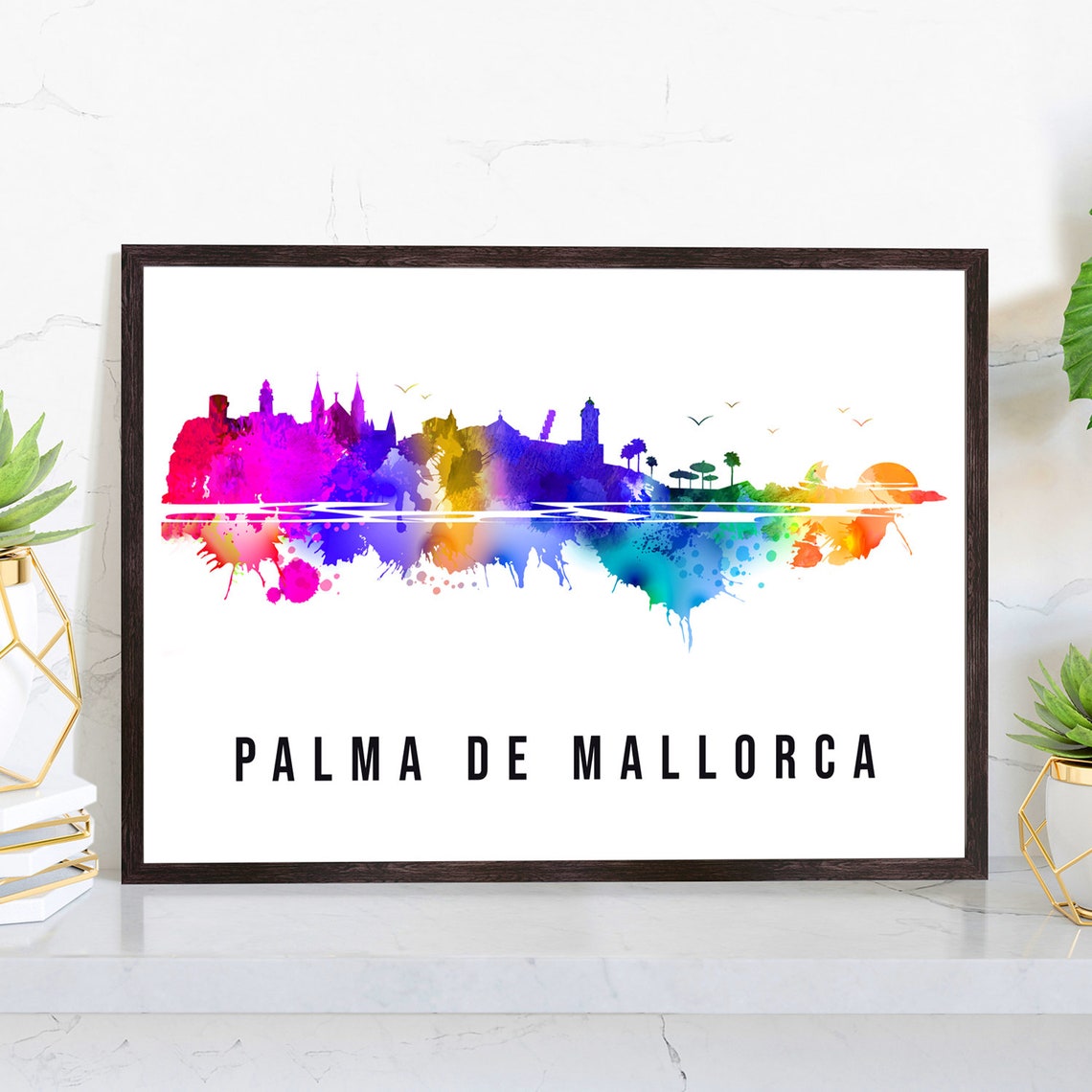 Palma De Mallorca Spain Seafront Watercolor Skyline Art Poster