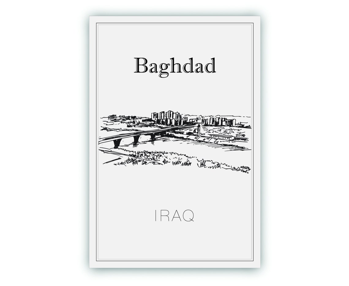 Baghdad Iraq Tigris River Bridge Skyline Hand Drawn Sketch Poster - Image 2