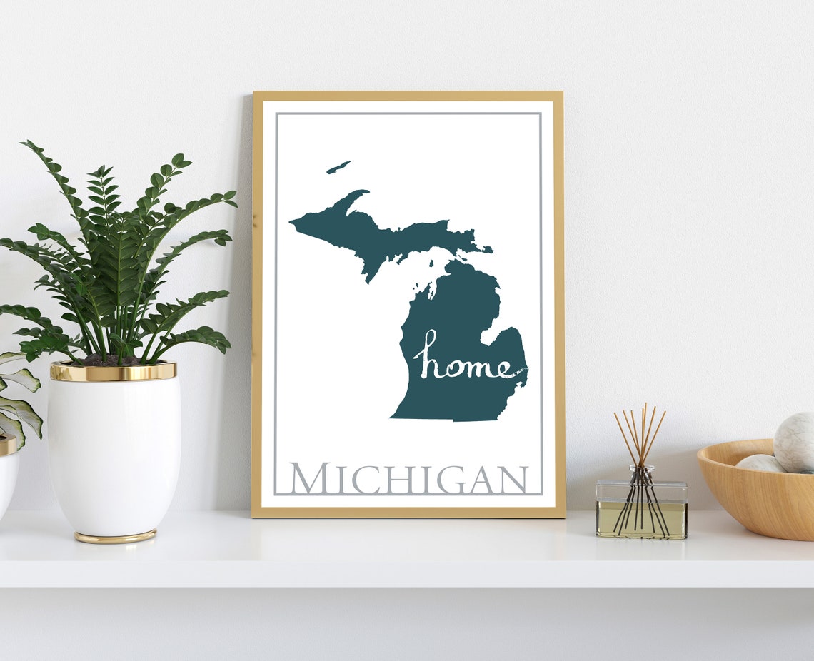 Michigan State Silhouette Home Script Teal Map Modern Travel Poster - Image 2