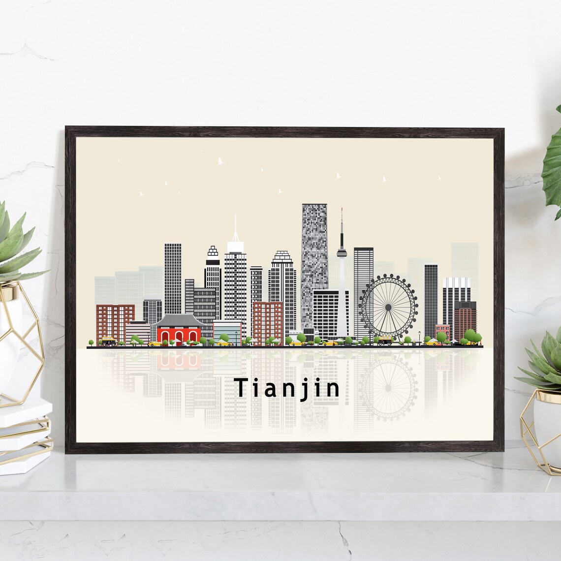 Tianjin China Ferris Wheel Eye Skyline Illustration Travel Poster