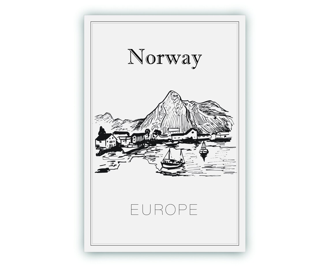 Norway Fjord Village Mountain And Boats Hand Drawn Sketch Poster - Image 2