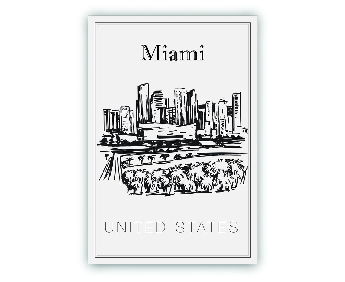 Miami Florida Downtown Skyline Palm Trees Waterfront Sketch Poster - Image 2