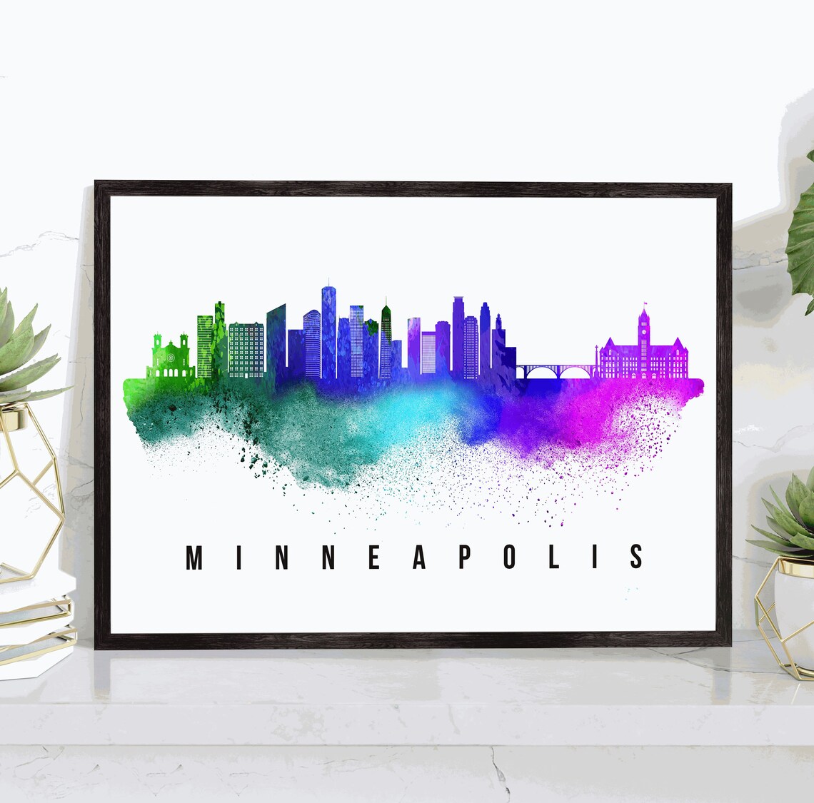 Minneapolis Minnesota Rainbow Watercolor Skyline Cityscape Art Poster