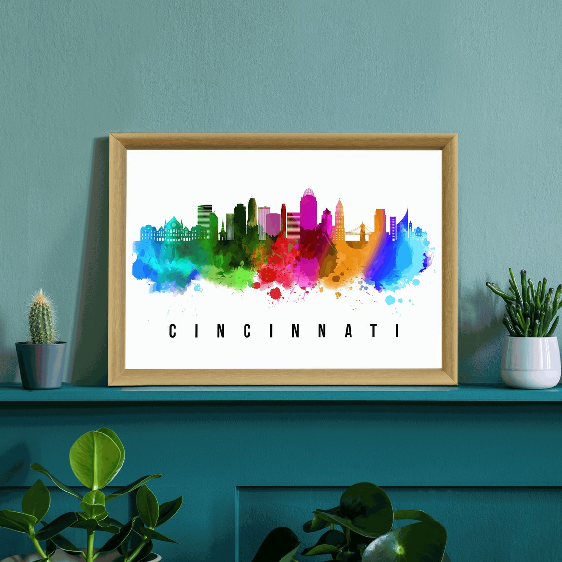 Cincinnati Ohio Watercolor Rainbow Skyline Cityscape Art Poster - Image 3