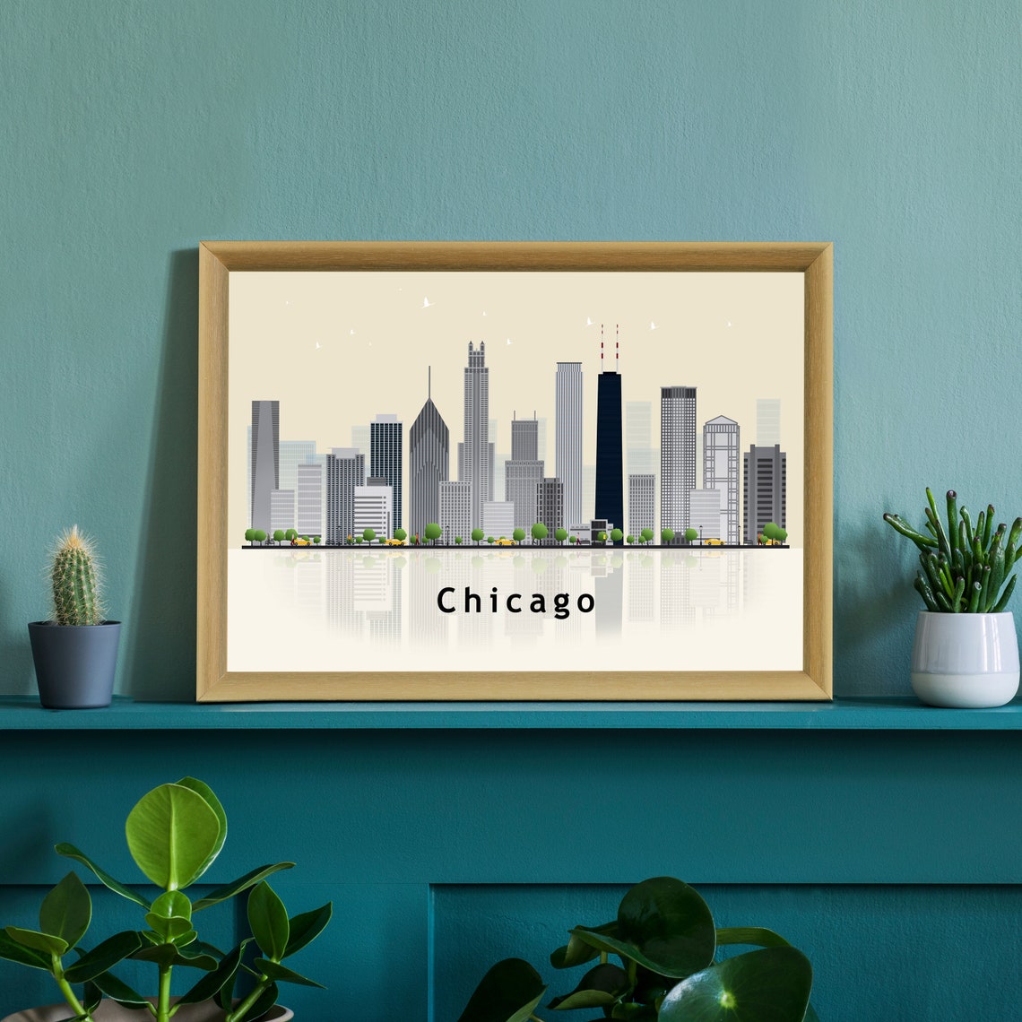 Chicago Illinois Modern Downtown Skyline Reflection Travel Poster - Image 3