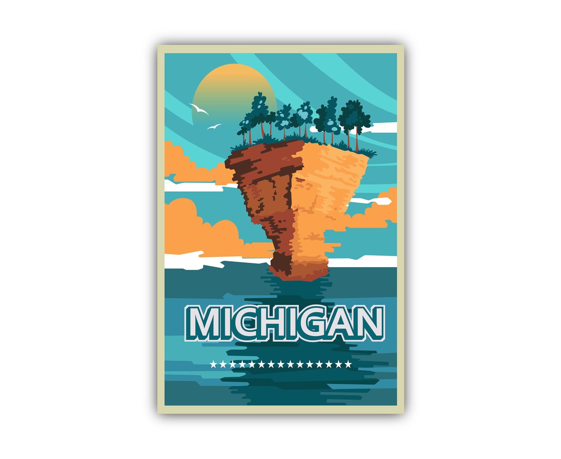 Michigan Retro Rocky Island Sunset Lake Vintage Travel Art Poster - Image 2