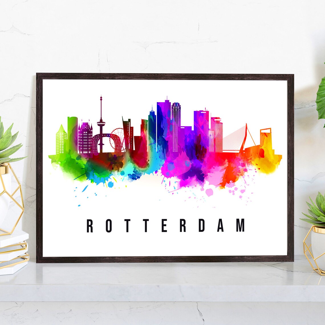 Rotterdam Netherlands Watercolor Skyline Illustration Euromast Bridge Travel Poster
