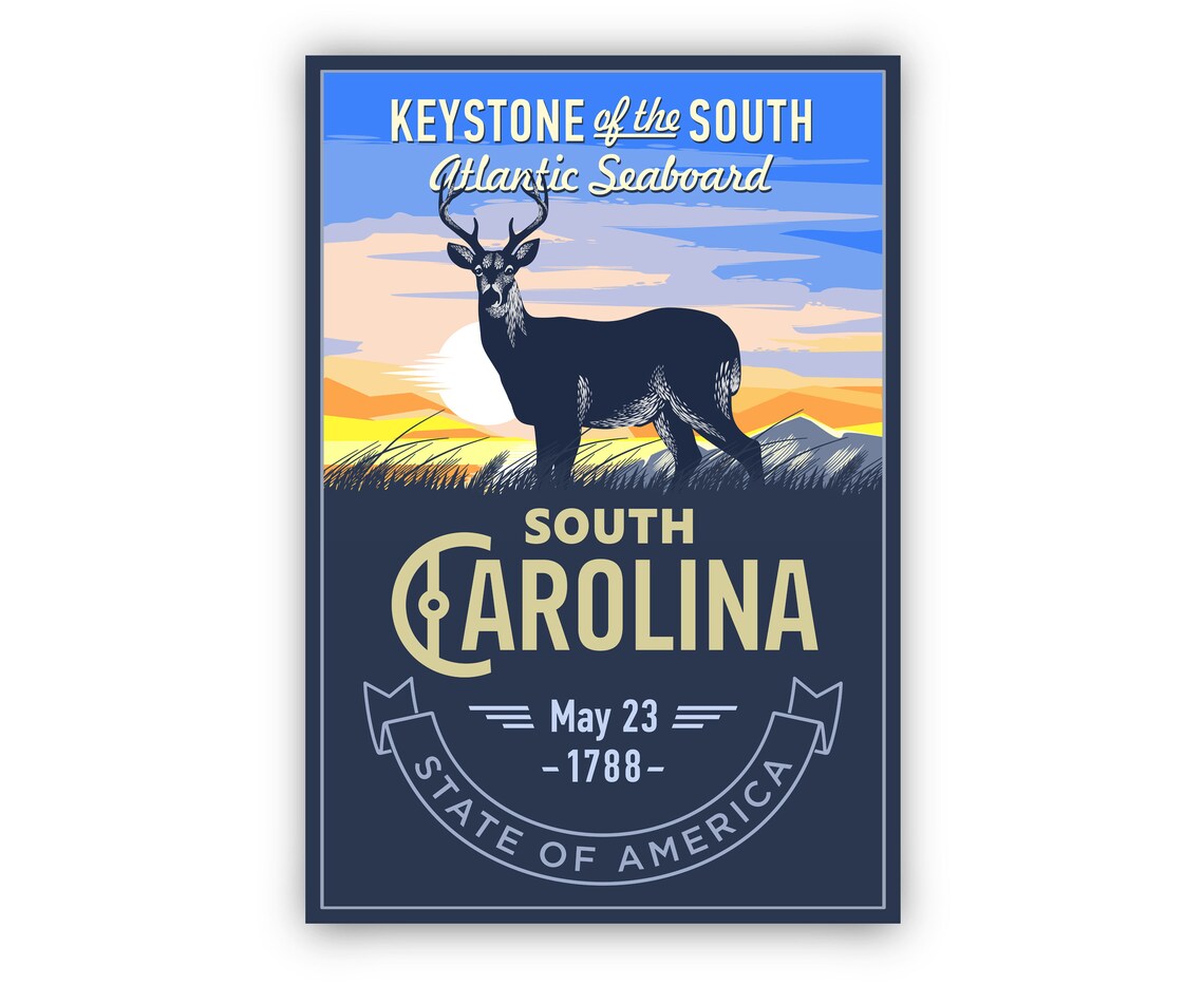South Carolina Keystone of the South Deer Sunset Vintage Poster - Image 2