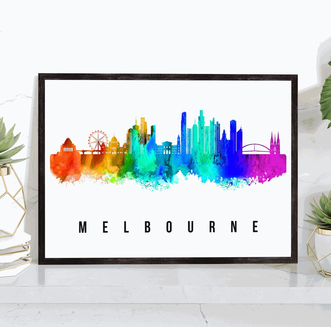 Melbourne Australia Rainbow Watercolor Skyline Travel Poster