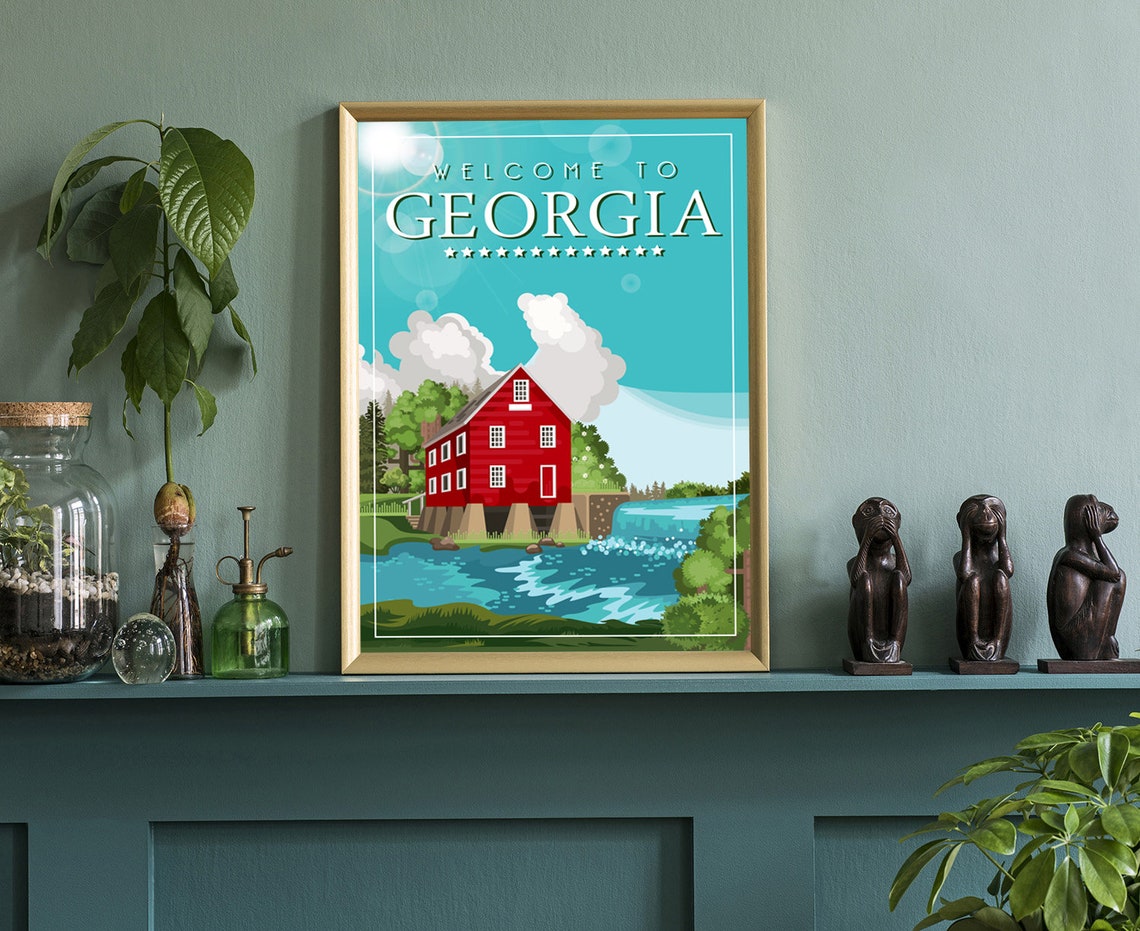 Welcome to Georgia Retro Red Barn Watermill Waterfall Travel Poster - Image 3