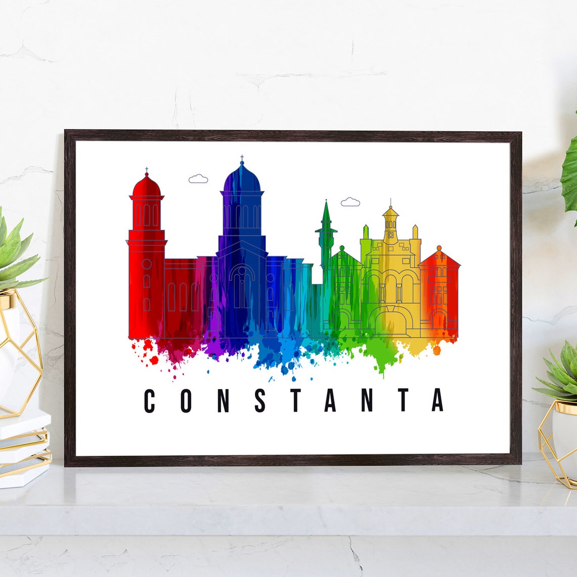 Constanta Romania Rainbow Watercolor Skyline Cathedral Dome Poster