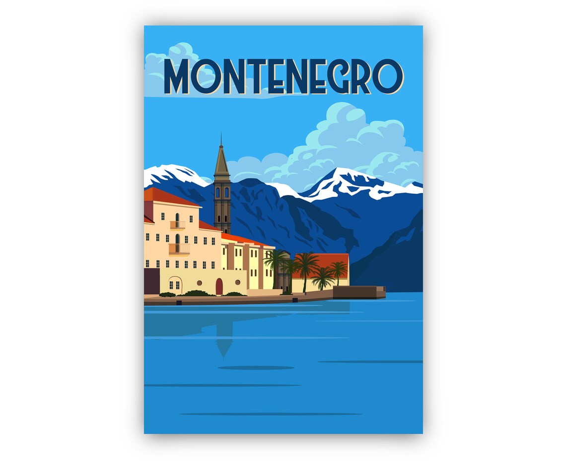 Montenegro Old Town Coast Snowy Mountains Vintage Travel Poster - Image 2