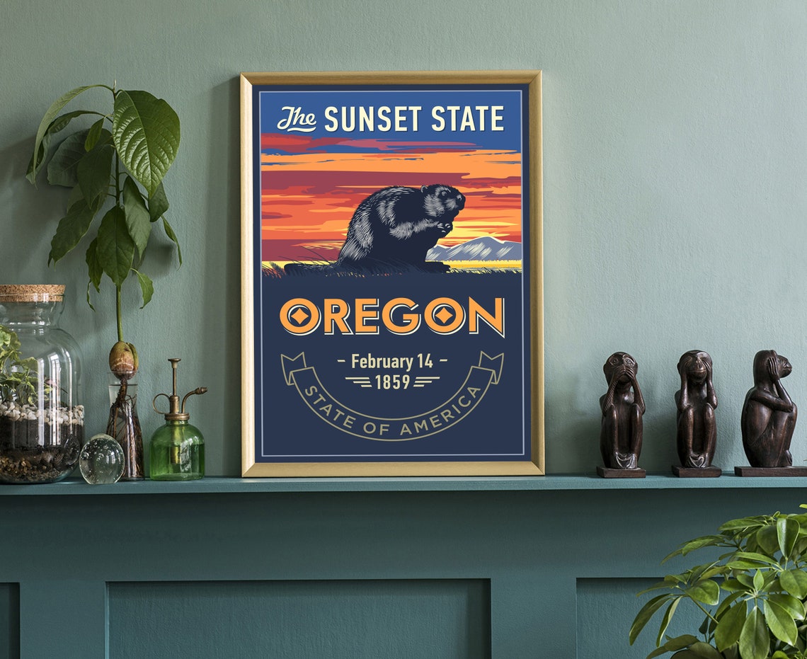 Oregon Sunset State Beaver Sunset Retro Travel Wall Art Poster - Image 3