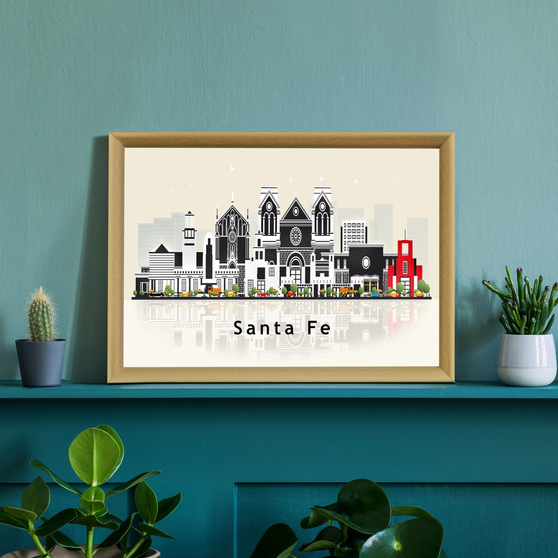 Santa Fe New Mexico Cathedral Rose Window Skyline Illustration Poster - Image 2