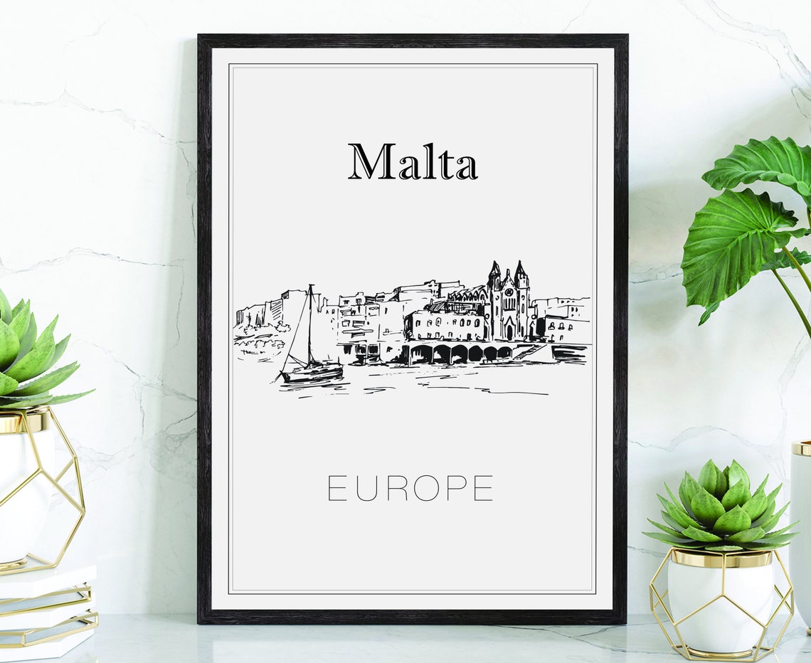 Malta Europe Old Harbor Sailboat Stone Waterfront Sketch Travel Poster