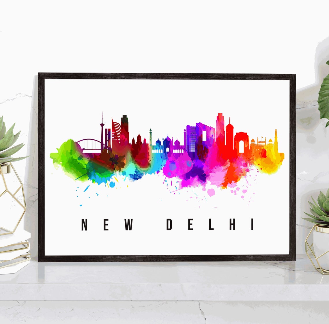 New Delhi India Gate Rainbow Watercolor Skyline Travel Poster