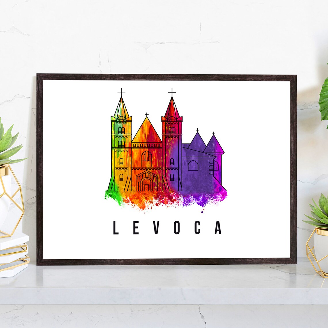 Levoca Slovakia Watercolor Rainbow Church Outline Skyline Art Poster