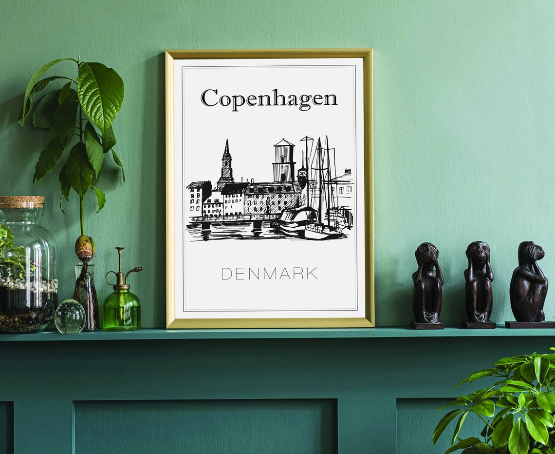 Copenhagen Denmark Hand Drawn Harbor Sketch Black White Line Poster - Image 3