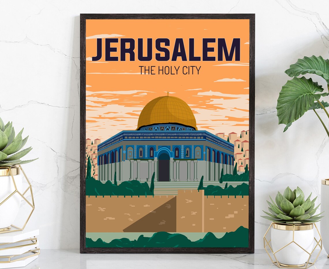 Jerusalem Dome Of The Rock Holy City Sunset Retro Travel Poster