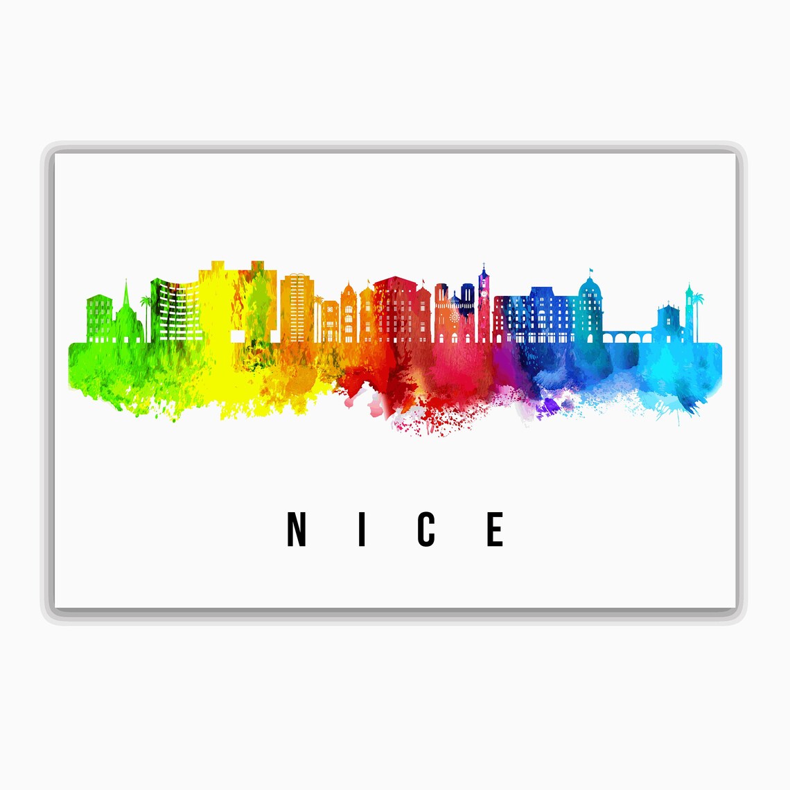 Nice France Rainbow Watercolor City Skyline Silhouette Art Poster - Image 2