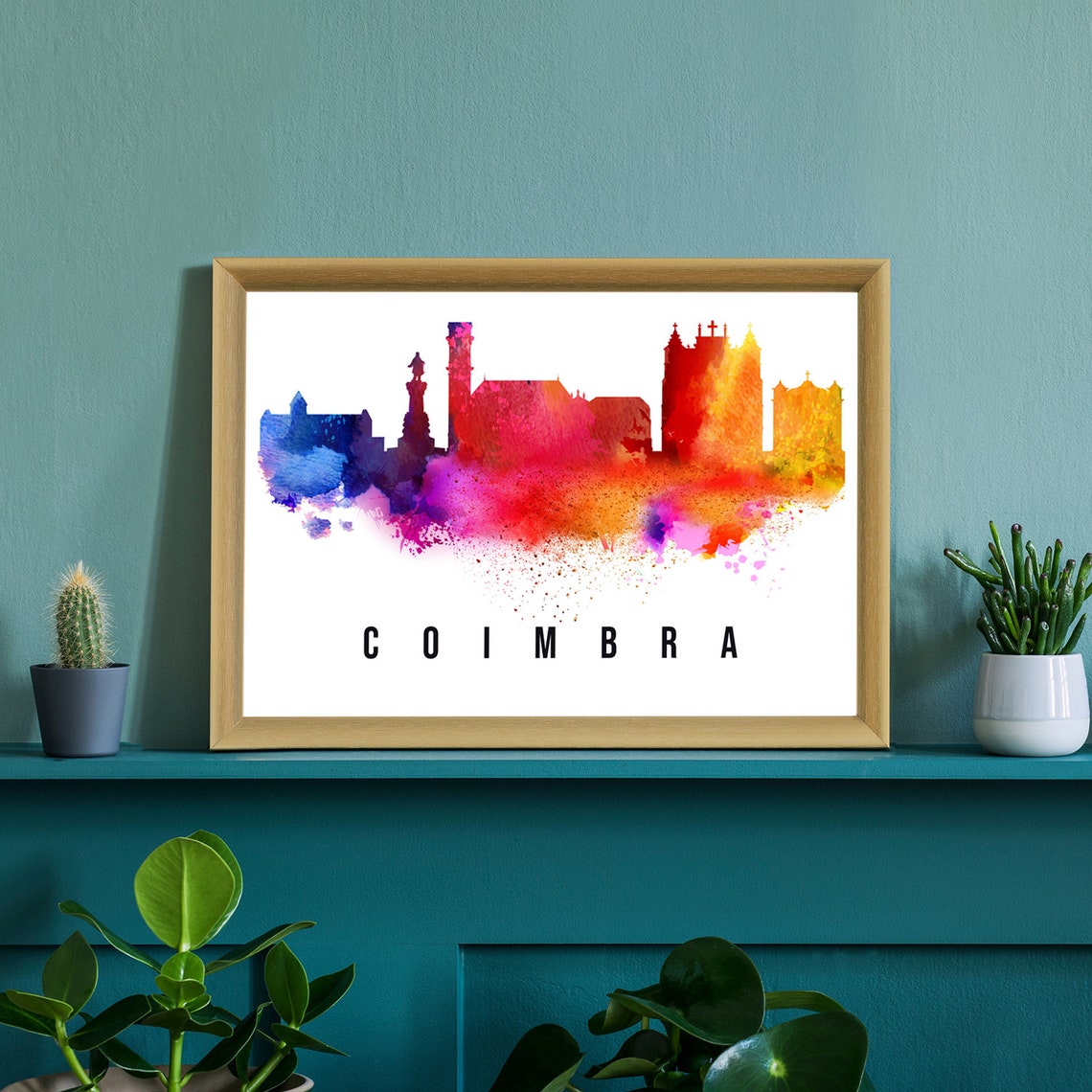 Coimbra Portugal Rainbow Watercolor Skyline Towers Statue Poster - Image 2