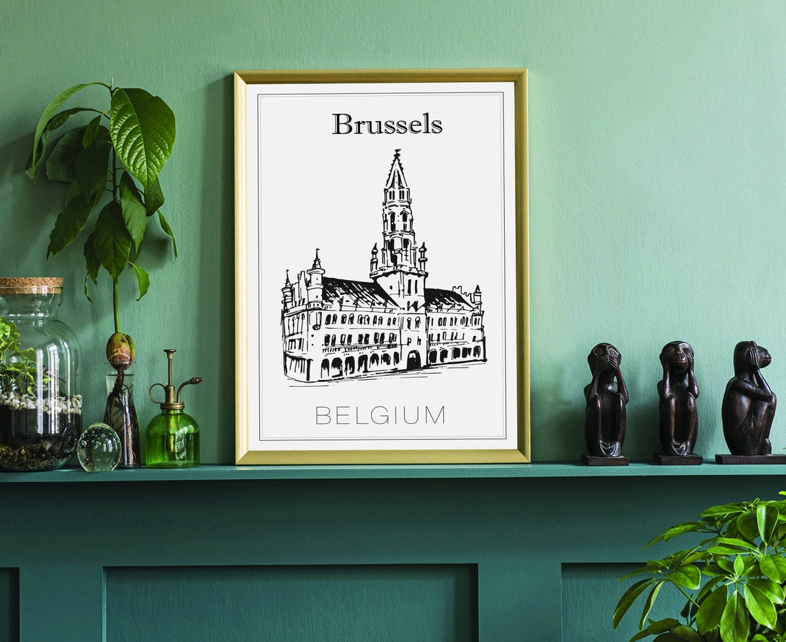 Brussels Belgium Town Hall Grand Place Gothic Tower Sketch Poster - Image 3