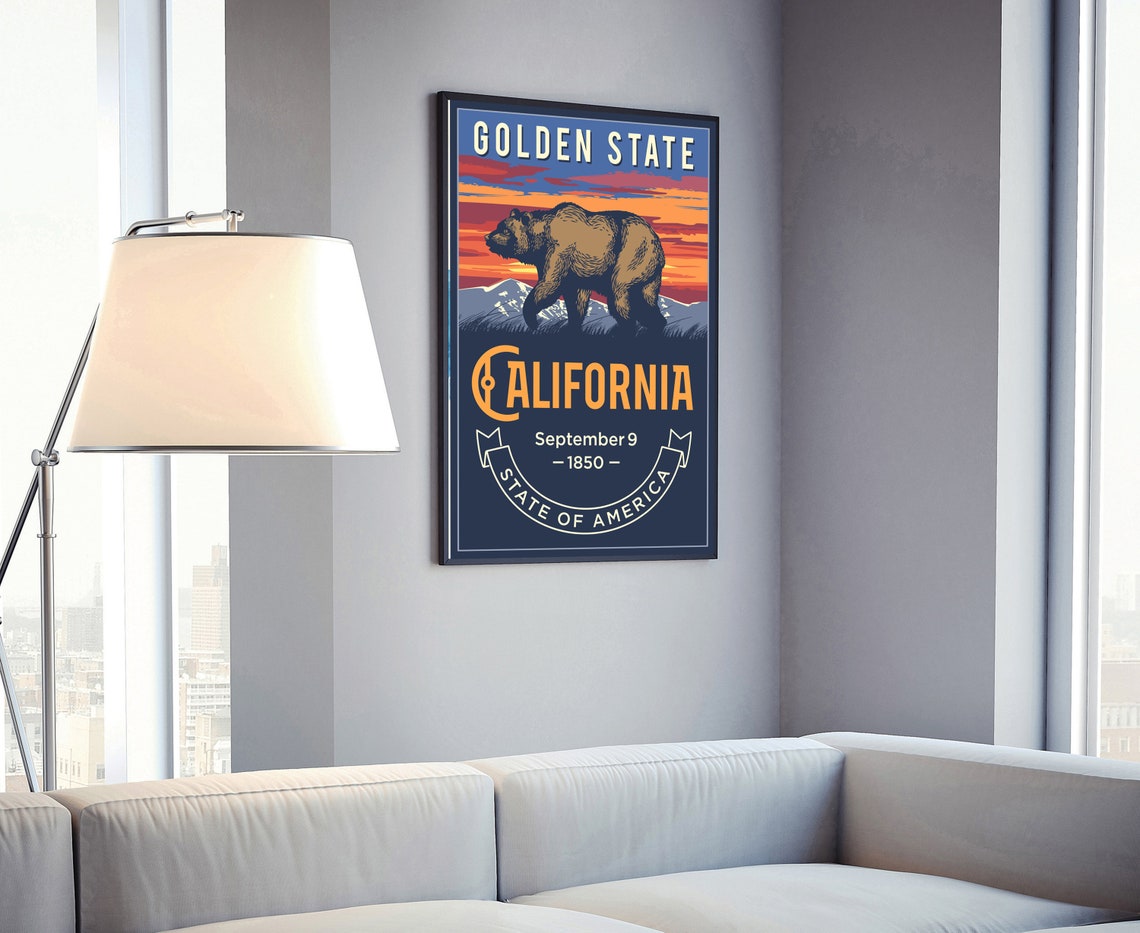 California Golden State Grizzly Bear Sunset Retro State Travel Poster - Image 4