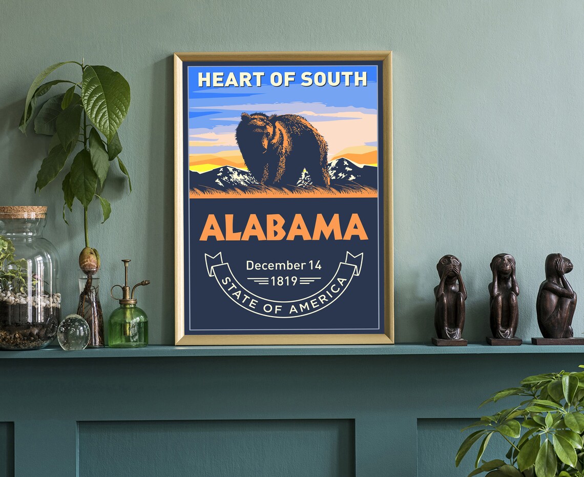 Alabama Heart of South Retro Vintage Bear Sunset Mountain State Poster - Image 3