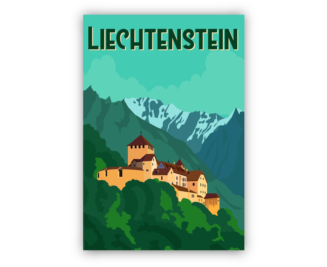 Liechtenstein Vaduz Castle Snowy Alpine Mountains Retro Travel Poster - Image 2