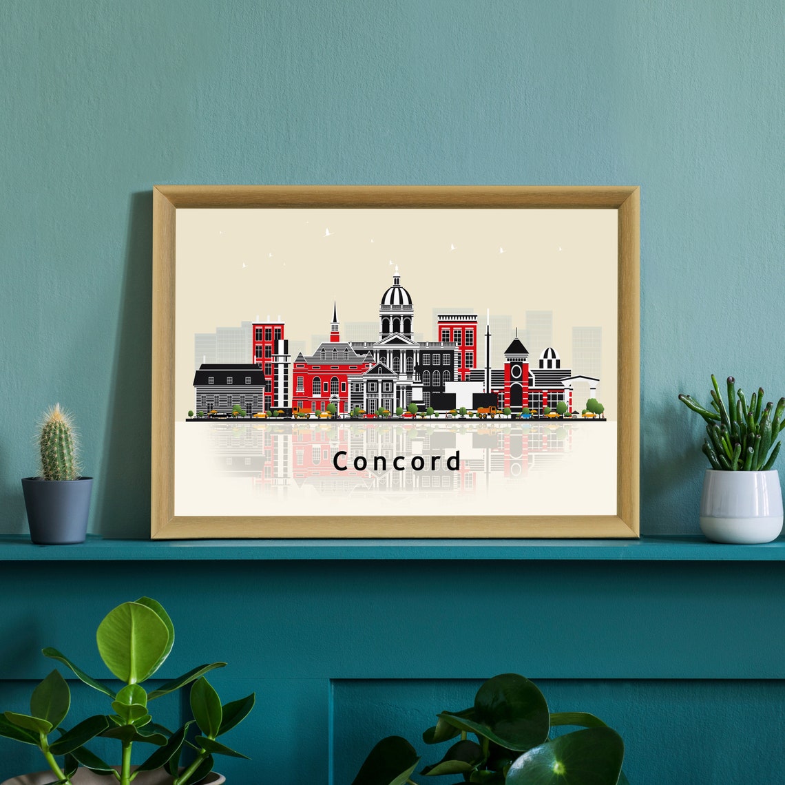 Concord New Hampshire Retro Vector Skyline Reflection Art Poster - Image 2
