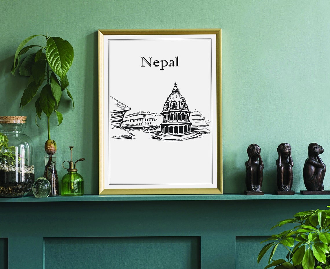 Nepal Hand Drawn Black White Temple Landmark Sketch Art Poster - Image 3