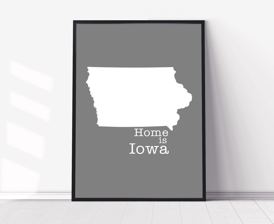 Home Is Iowa White State Silhouette Minimal Gray Modern Wall Art Print