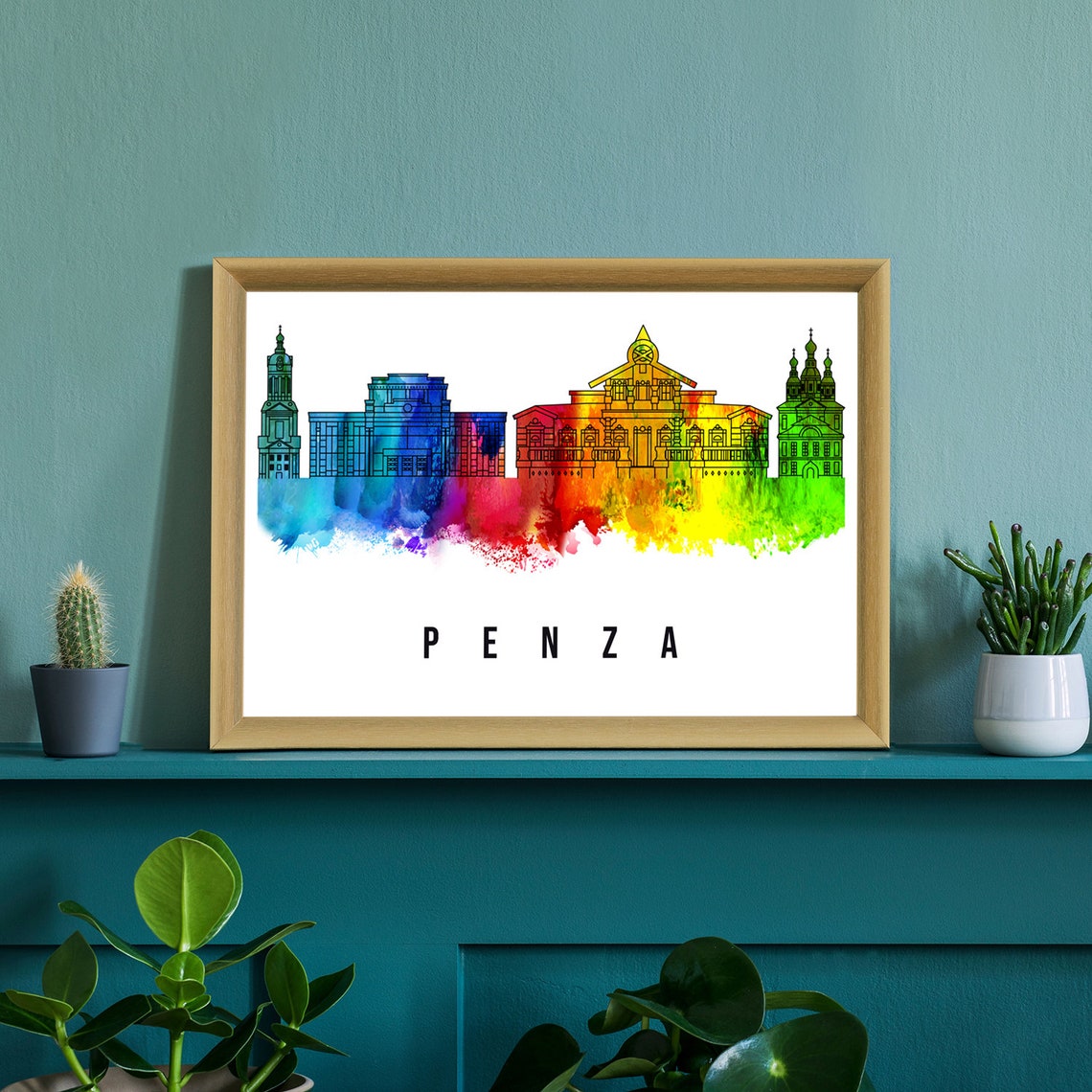 Penza Russia Rainbow Watercolor Skyline Theater Churches Poster - Image 2