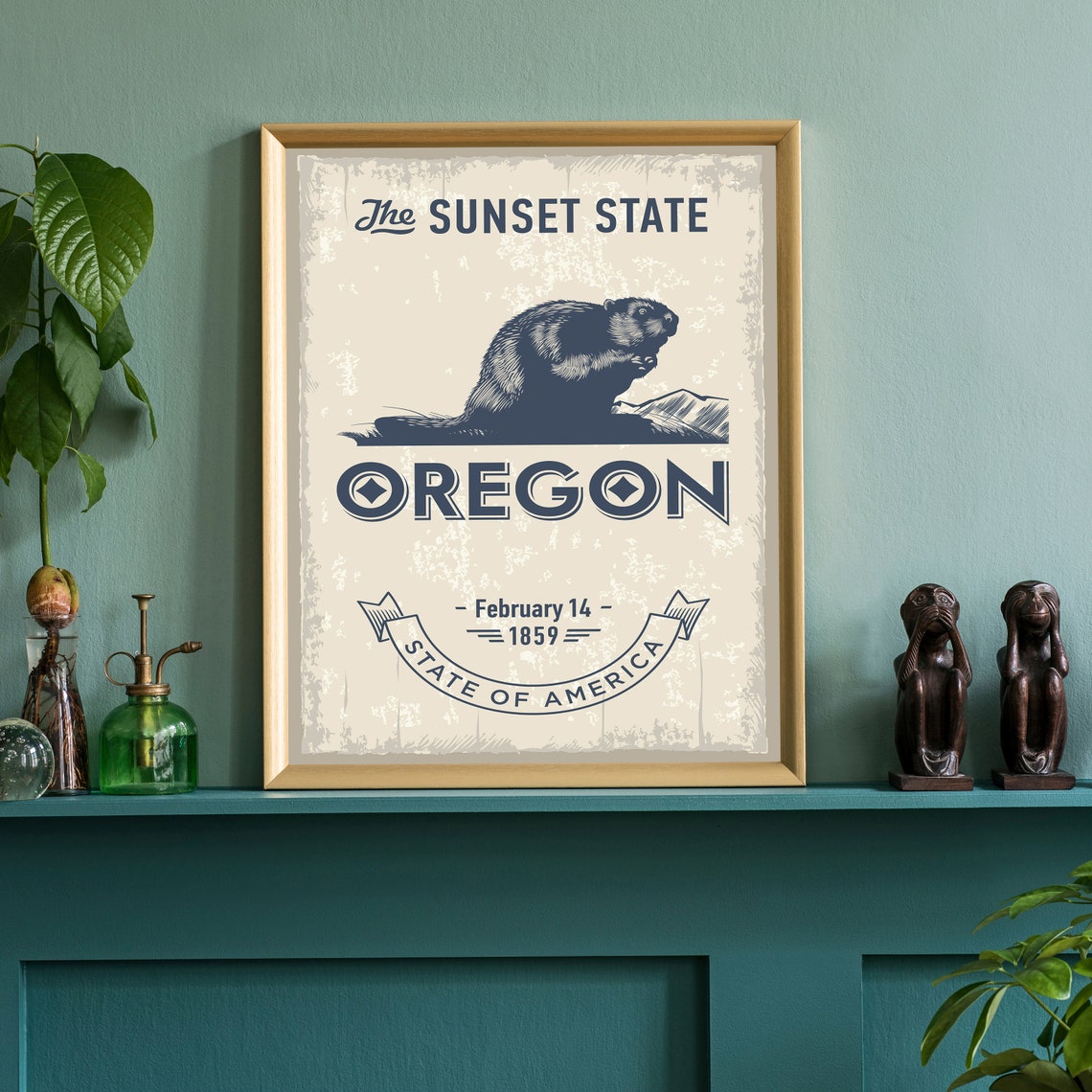 Oregon Sunset State Beaver Emblem Vintage Style Travel Wall Art Poster - Image 3
