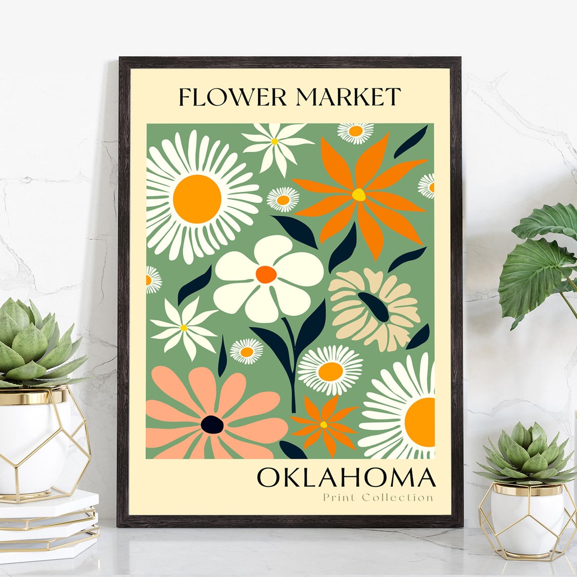 Oklahoma Flower Market Botanical Retro Daisy Bouquet Floral Art Poster