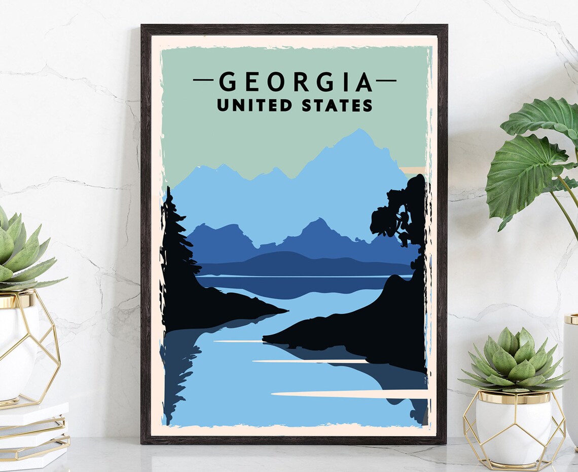 Georgia Blue Mountain Lake Pines Retro Vintage Travel Poster